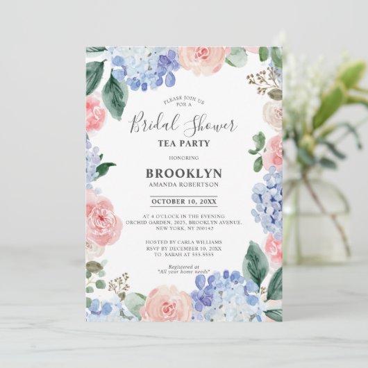 ほこりっぽいブルーアジサイブライダルシャワーティーパーティー 招待状 (スタンド正面)