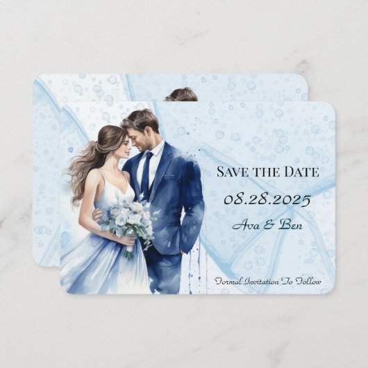 ほこりっぽいブルーアルコールインクブライド&グルーマー セーブザデート (正面/裏面)