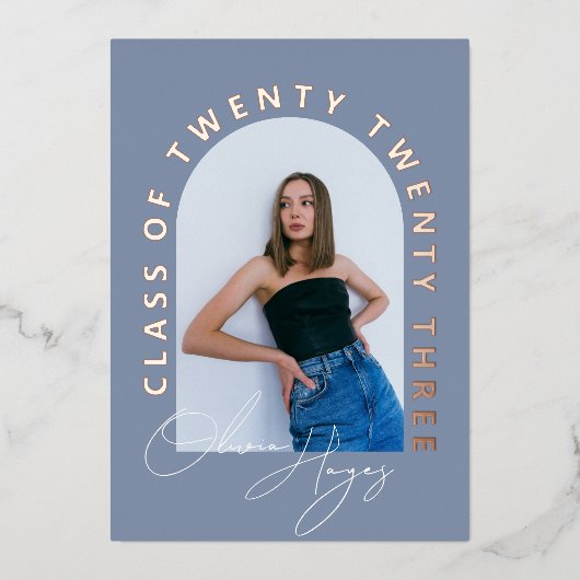 ほこりっぽいブルーアーチ写真卒業 箔招待状 (正面)