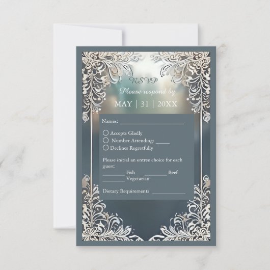 ほこりっぽいブルーアート華美デコ結婚フレーム 出欠カード (正面)