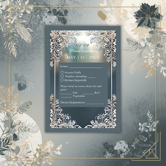 ほこりっぽいブルーアート華美デコ結婚フレーム 出欠カード