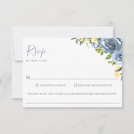 ほこりっぽいブルーイエロー結婚フローラの食物アレルギーRSVP 出欠カード (正面)