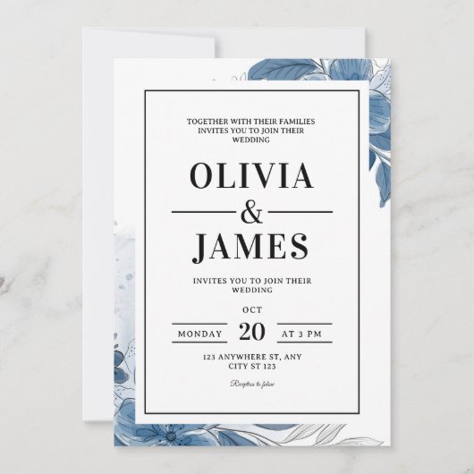 ほこりっぽいブルーウェディングエレガント招待結婚フローラ 招待状 (正面)