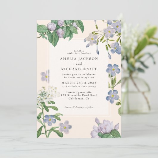 ほこりっぽいブルーウォーターの色のフローラルクラシック結婚式 招待状 (スタンド正面)