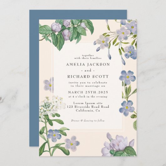 ほこりっぽいブルーウォーターの色のフローラルクラシック結婚式 招待状 (正面/裏面)