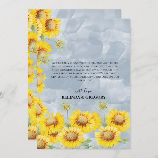 ほこりっぽいブルーウォーターカラーサンフラワーズモノグラム結婚ズ サンキューカード (正面/裏面)