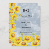 ほこりっぽいブルーウォーターカラーサンフラワーズモノグラム結婚ズ セーブザデート (正面/裏面)