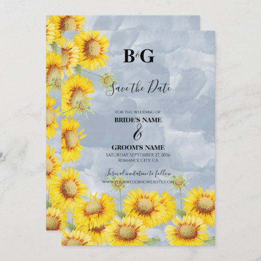 ほこりっぽいブルーウォーターカラーサンフラワーズモノグラム結婚ズ セーブザデート (正面/裏面)