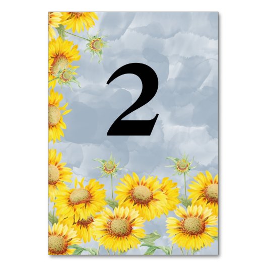 ほこりっぽいブルーウォーターカラーサンフラワーズモノグラム結婚ズ テーブルナンバー (裏面)