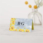 ほこりっぽいブルーウォーターカラーサンフラワーズモノグラム結婚ズ プレイスカード (裏面)