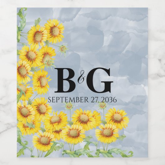 ほこりっぽいブルーウォーターカラーサンフラワーズモノグラム結婚ズ ワインラベル (シングルラベル)