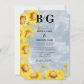 ほこりっぽいブルーウォーターカラーサンフラワーズモノグラム結婚ズ 招待状 (正面)