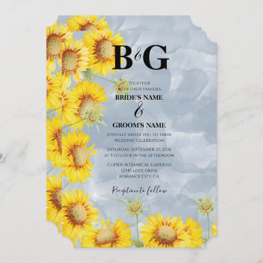 ほこりっぽいブルーウォーターカラーサンフラワーズモノグラム結婚ズ 招待状 (正面/裏面)