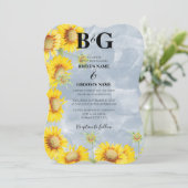 ほこりっぽいブルーウォーターカラーサンフラワーズモノグラム結婚ズ 招待状 (スタンド正面)