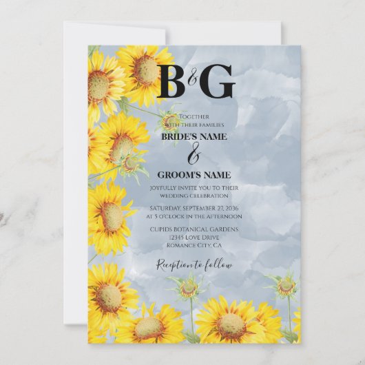 ほこりっぽいブルーウォーターカラーサンフラワーズモノグラム結婚ズ 招待状 (正面)