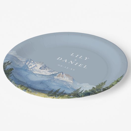 ほこりっぽいブルーウォーターカラーマウンテンワイルドフラワー結婚ズ ペーパープレート (アングル)