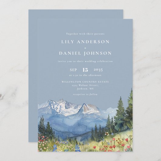 ほこりっぽいブルーウォーターカラーマウンテンワイルドフラワー結婚ズ 招待状 (正面/裏面)