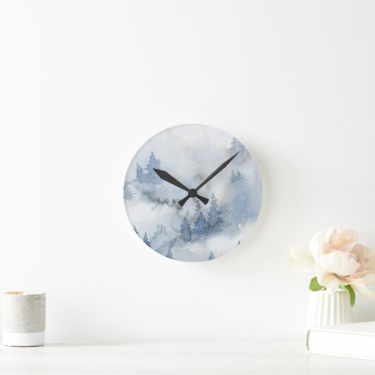 ほこりっぽいブルーウォーターカラーミスティ抽象芸術林 ラウンド壁時計 (ホーム)