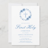 ほこりっぽいブルーウォーターカラーリースファーストコミュニオン 招待状 (正面)