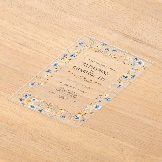 ほこりっぽいブルーウォーターカラーワイルドフラワーエレガントな結婚式 アクリル招待状 (レイダウン)