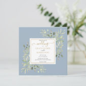 ほこりっぽいブルーウォーターカラー緑の金ゴールド結婚スクリプト 招待状 (スタンド正面)