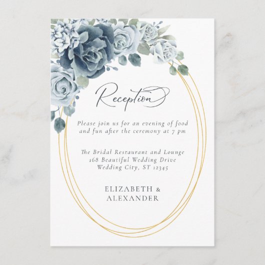ほこりっぽいブルーウォーター色のフローラウェディングレセプション エンクロージャーカード (正面)