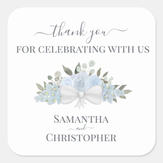 ほこりっぽいブルーウォーター色のフローラ結婚ズサンキュー スクエアシール (正面)