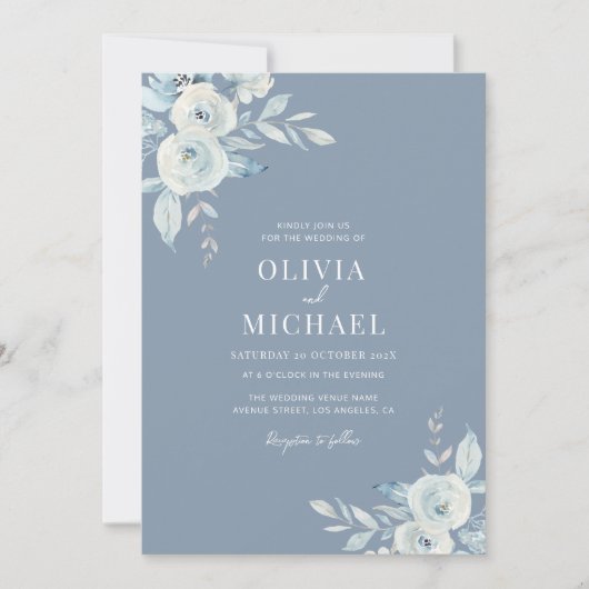 ほこりっぽいブルーウォーター色フローラ結婚式招待状 招待状 (正面)
