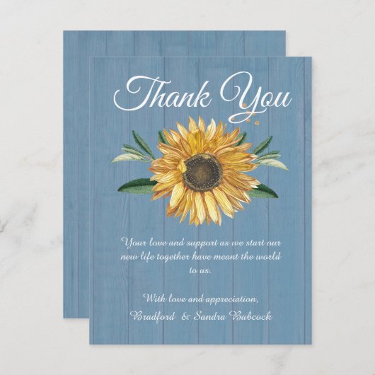 ほこりっぽいブルーウッドひまわり結婚のサンキューカード (正面/裏面)