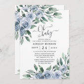 ほこりっぽいブルーエレガントフローラボホ素朴ベビーシャワー 招待状 (正面/裏面)
