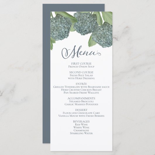 ほこりっぽいブルーエレガントフローラ植物性ディナー メニュー (正面/裏面)