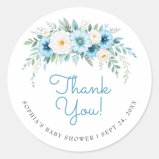 ほこりっぽいブルーエレガントフローラ赤ちゃんシャワーありがとう ラウンドシール (正面)