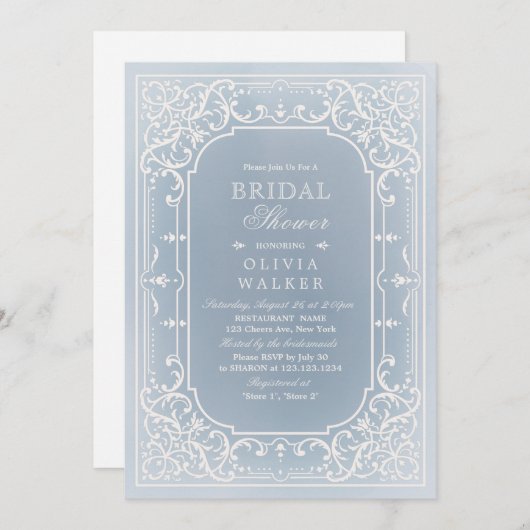 ほこりっぽいブルーエレガントロマンチックヴィンテージブライダルシャワー 招待状 (正面/裏面)