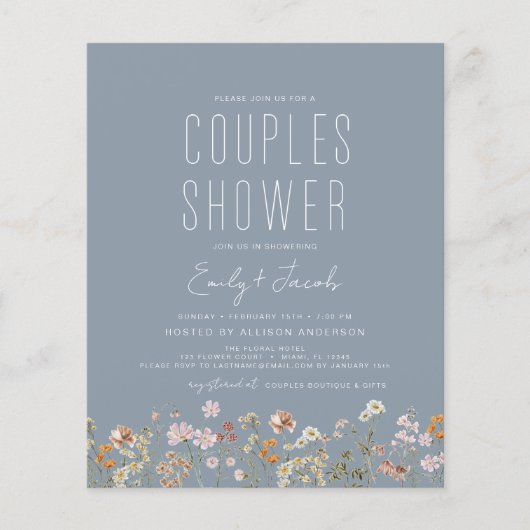ほこりっぽいブルーカップルズシャワーワイルドフラワー招待状 (正面)