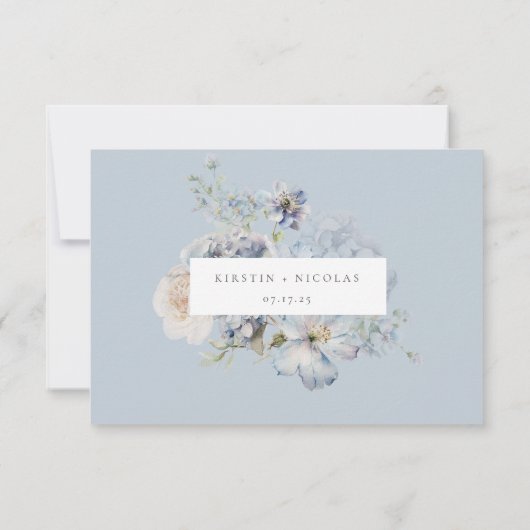 ほこりっぽいブルーガーデンフローラ食事の選択結婚ズ 出欠カード (裏面)