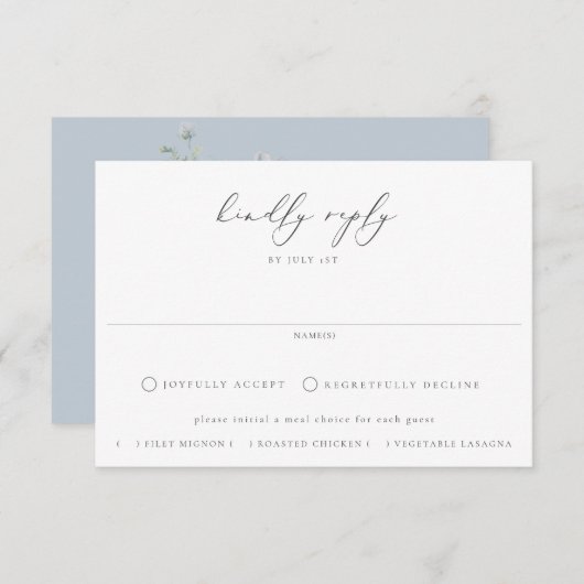 ほこりっぽいブルーガーデンフローラ食事の選択結婚ズ 出欠カード (正面/裏面)