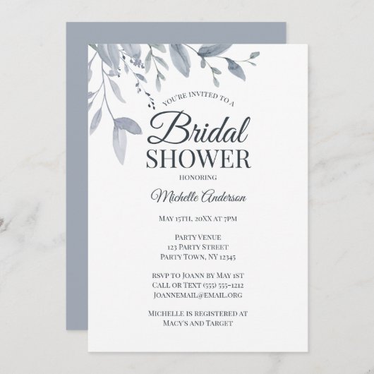 ほこりっぽいブルーグリーンリーウォーターカラーブライダルシャワー 招待状 (正面/裏面)