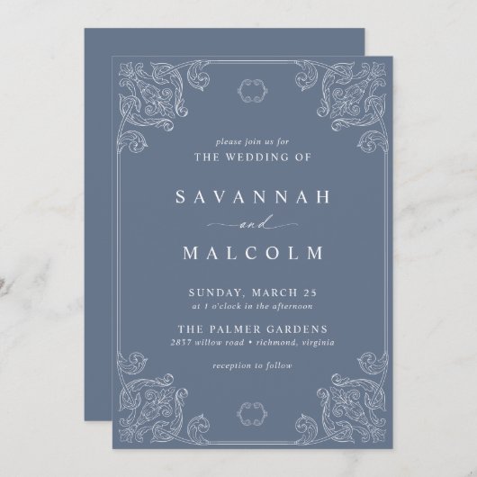 ほこりっぽいブルーグレー |華美ヴィンテージ結婚のI 招待状 (正面/裏面)