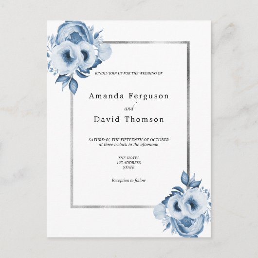 ほこりっぽいブルーシルバーホワイト花模様結婚式招待状 ポストカード (正面)
