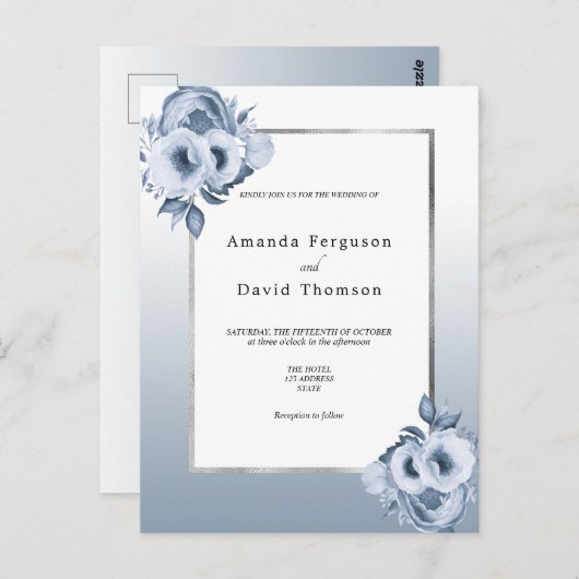 ほこりっぽいブルーシルバー花模様結婚式招待状 ポストカード (正面/裏面)