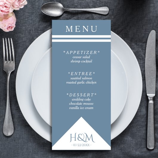 ほこりっぽいブルージオメトリックストライプウェディングレセプション メニュー