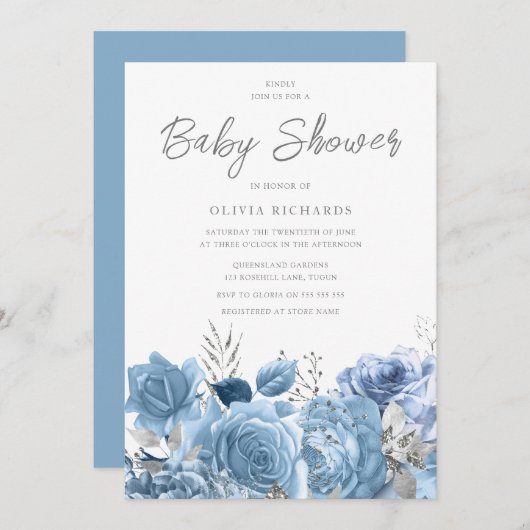ほこりっぽいブルースカイブルーフローラベビーシャワー 招待状 (正面/裏面)