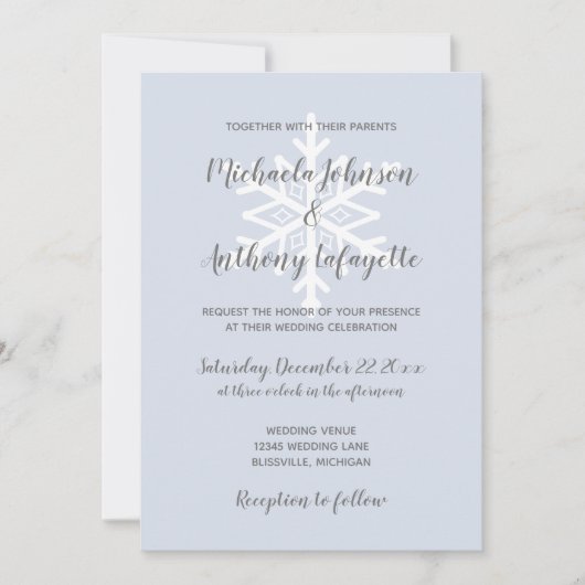 ほこりっぽいブルースノーフレーク冬の結婚式 招待状 (正面)