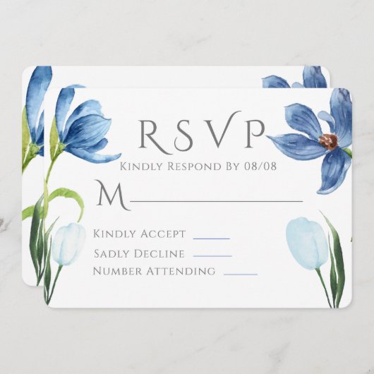 ほこりっぽいブルーチューリップ水色牡丹ウェディングRSVP 招待状 (正面/裏面)