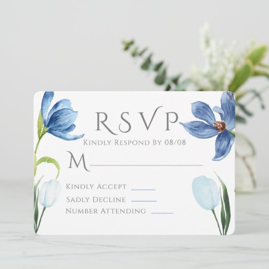 ほこりっぽいブルーチューリップ水色牡丹ウェディングRSVP 招待状 (スタンド正面)