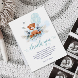 ほこりっぽいブルーテディベアバルーンボーイベビーシャワー サンキューカード