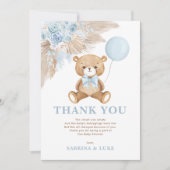 ほこりっぽいブルーテディベアバルーンボーイベビーシャワー サンキューカード (正面)