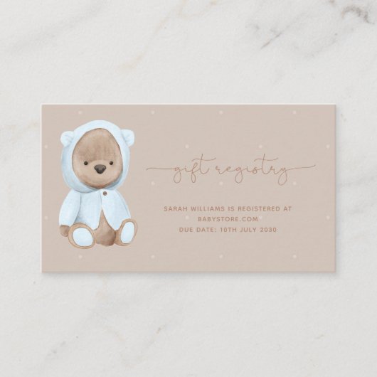 ほこりっぽいブルーテディベア赤ちゃんシャワー贈り物登録 名刺 (正面)