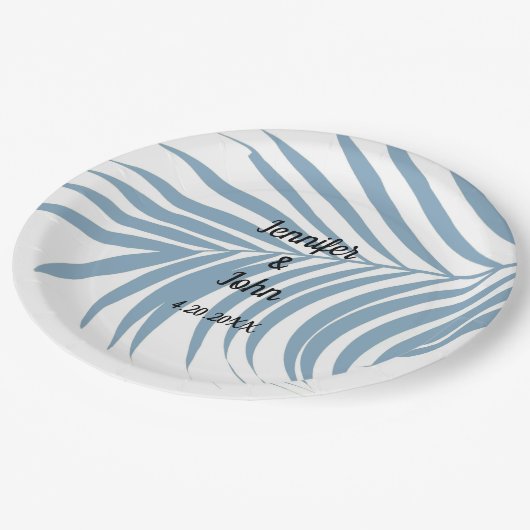 ほこりっぽいブルートロピカルパームの木の葉かわい結婚い ペーパープレート (アングル)