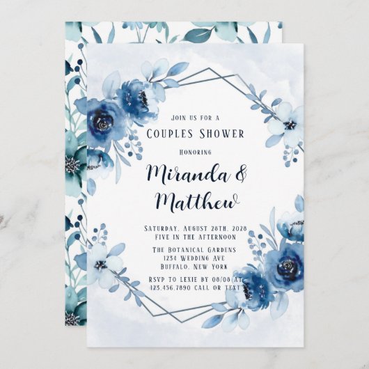 ほこりっぽいブルーネイビー水色フローラカップルのシャワー 招待状 (正面/裏面)